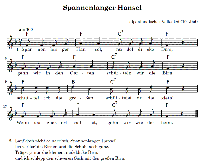 Spannenlanger Hansel - Melodica Noten Text Melodie